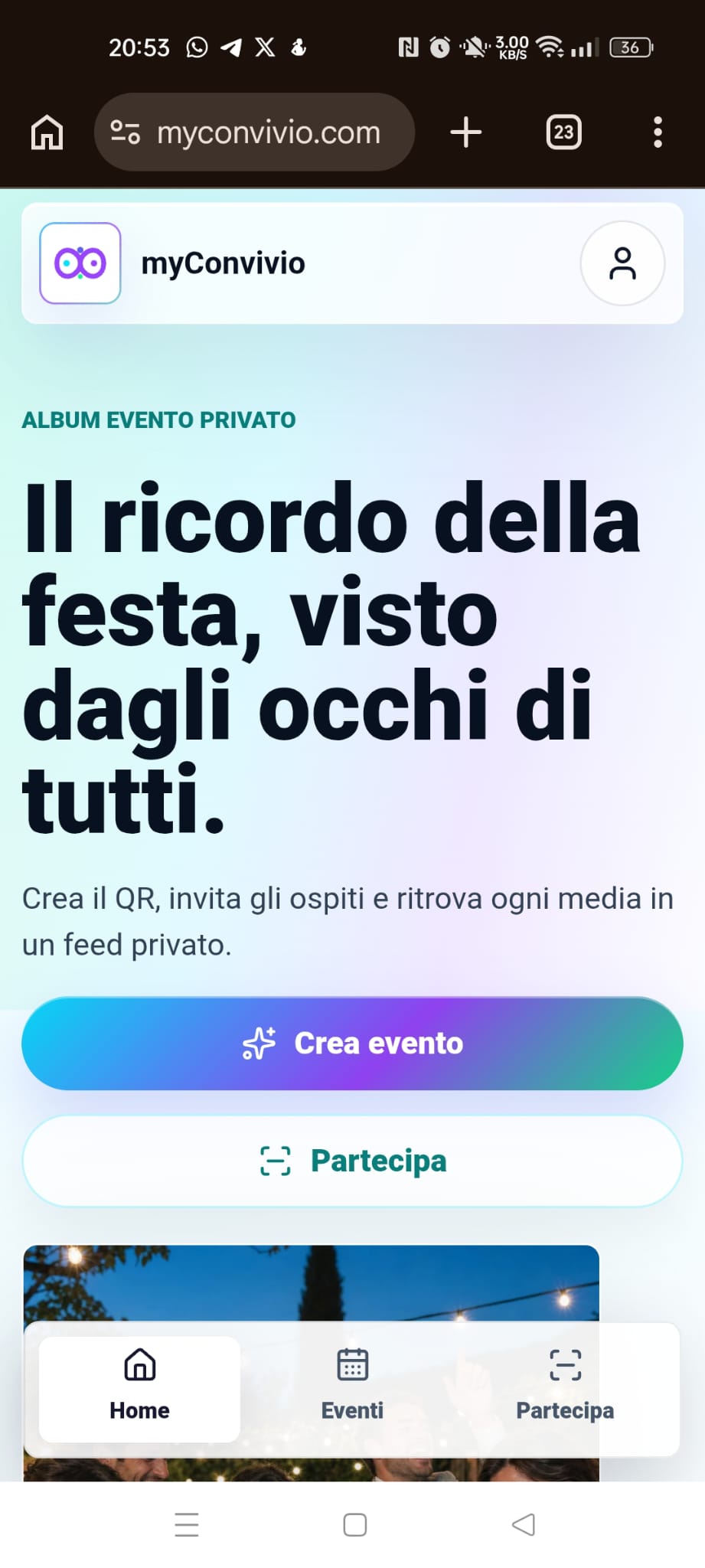 Home mobile di myConvivio con il pulsante Crea evento