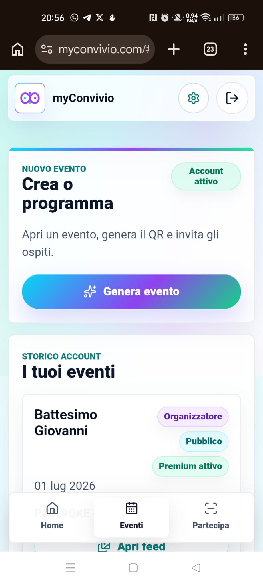 Area I tuoi eventi con il pulsante Genera evento