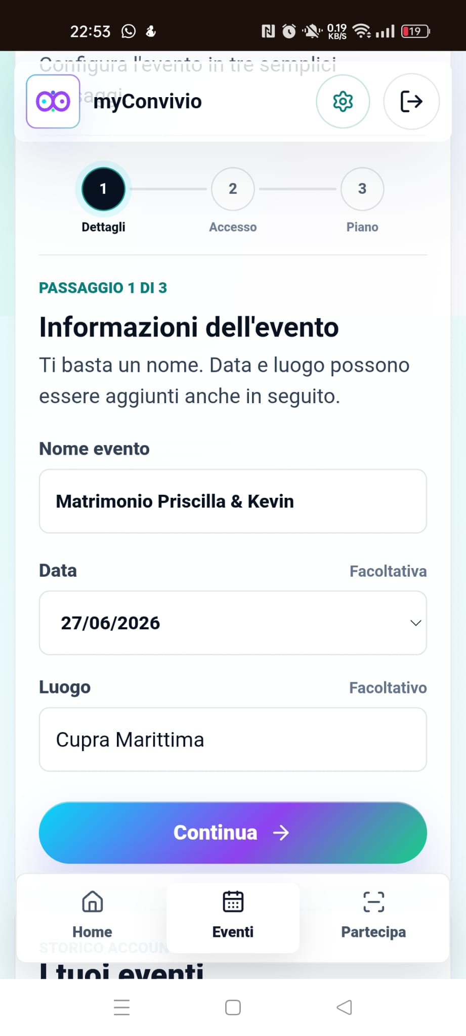Primo passaggio della configurazione con nome, data e luogo