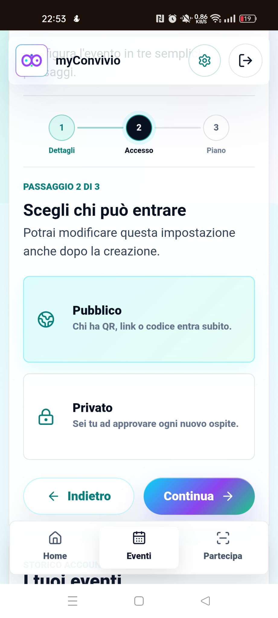 Secondo passaggio della configurazione con accesso pubblico o privato
