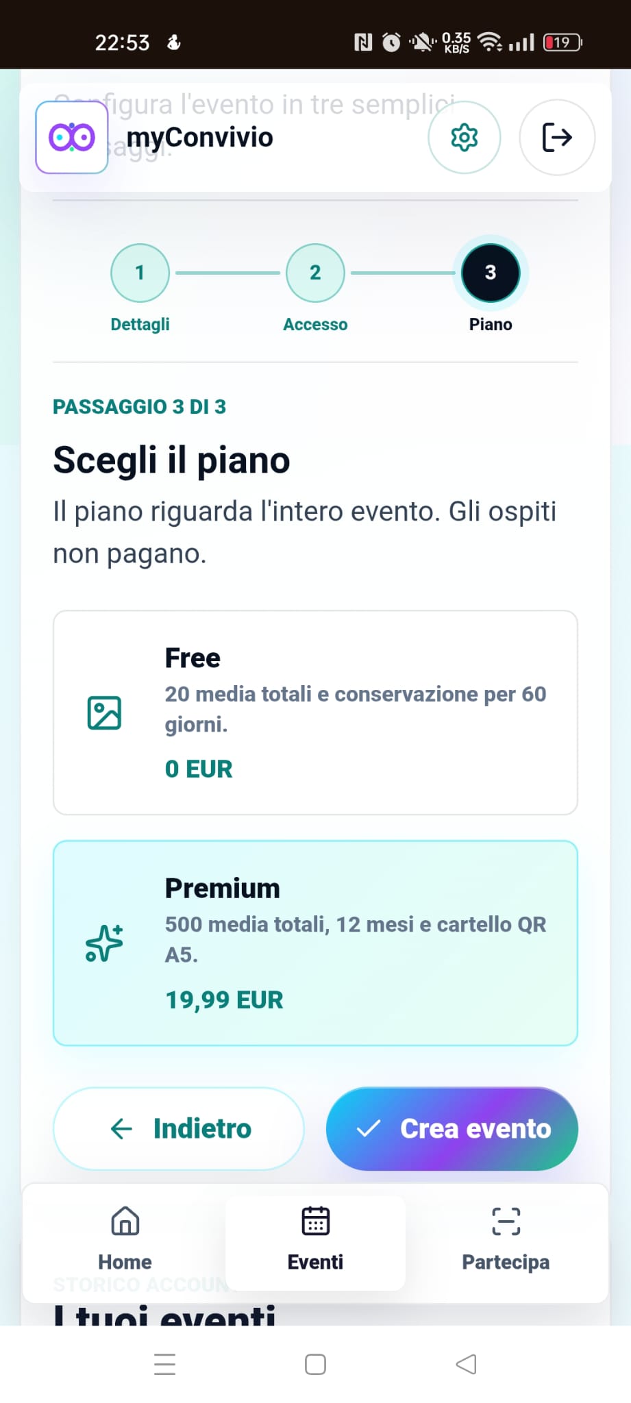 Terzo passaggio della configurazione con scelta tra piano Free e Premium