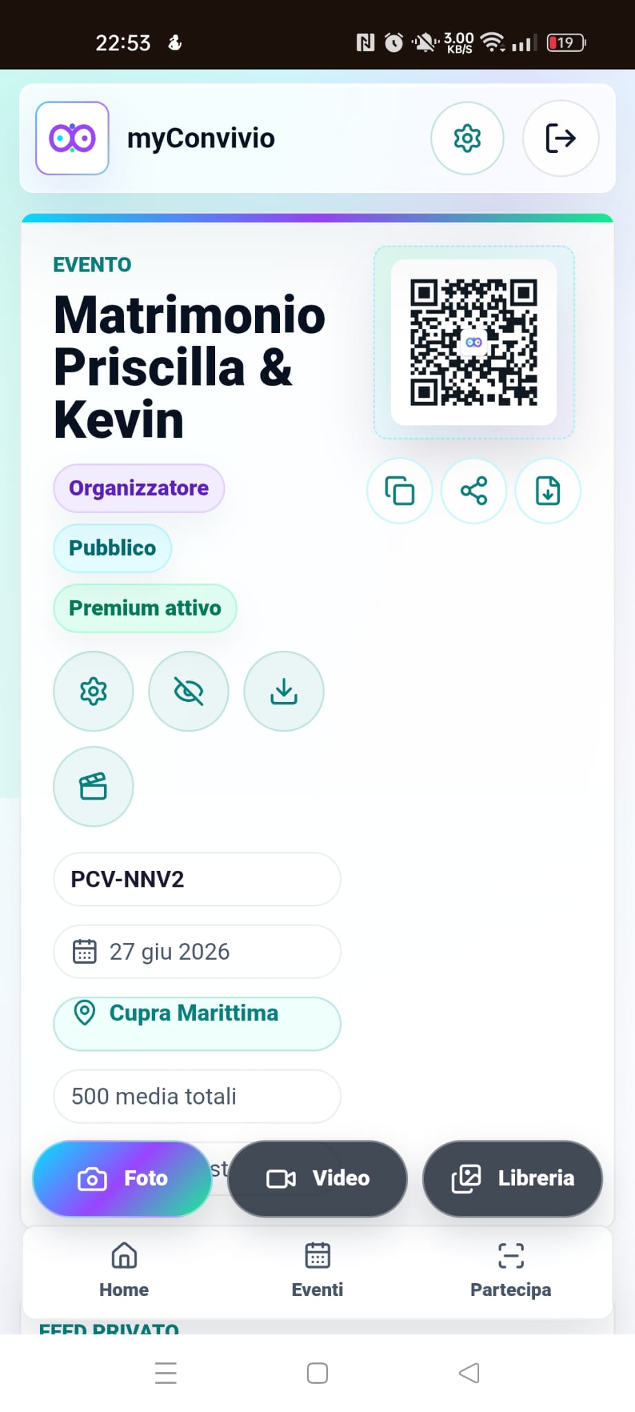 Pagina mobile dell’evento appena creato con dettagli e codice QR