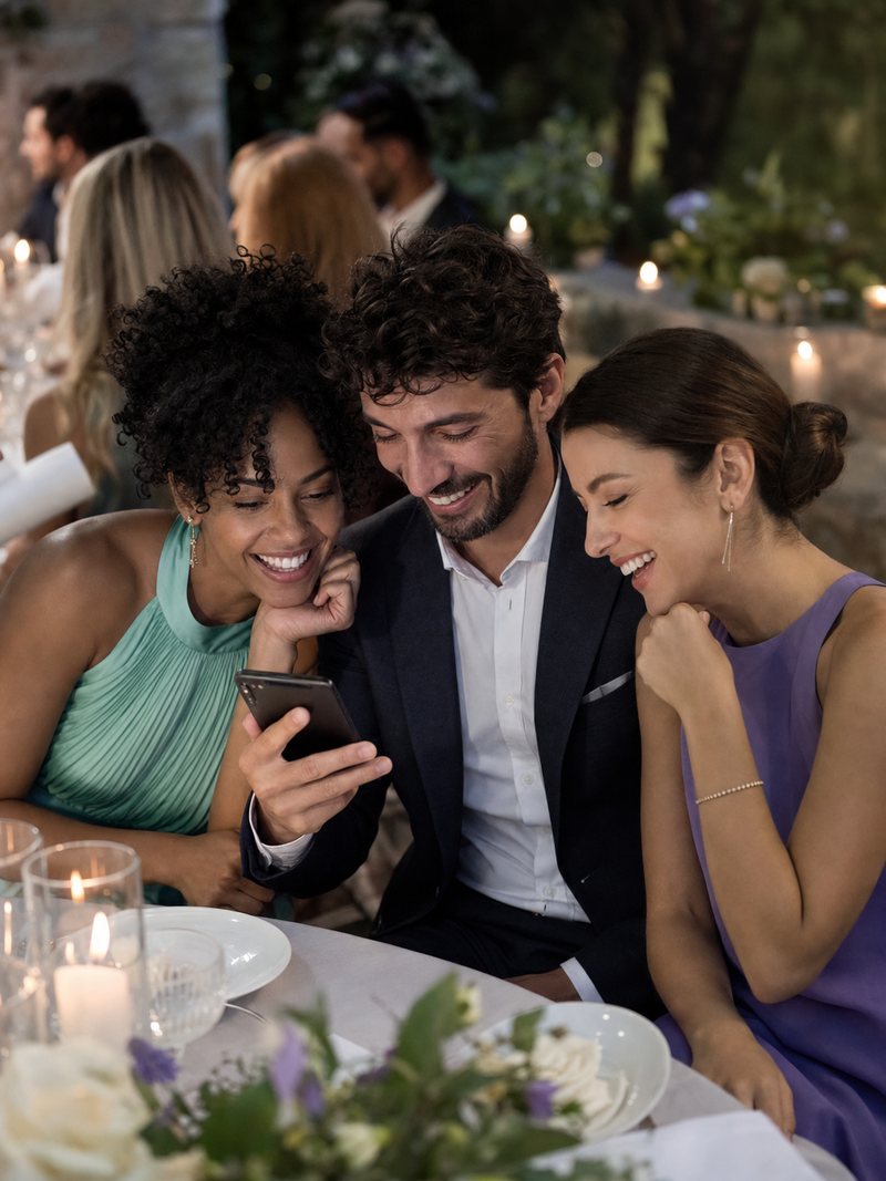 Tre amici che riguardano insieme le foto della festa